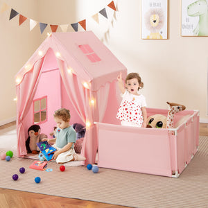 Kids Play Tent with Playpen 2-in-1 Toddler Playhouse with Yard-Pink view 3