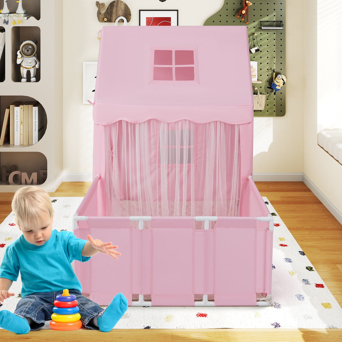 Kids Play Tent with Playpen 2-in-1 Toddler Playhouse with Yard-Pink view 6