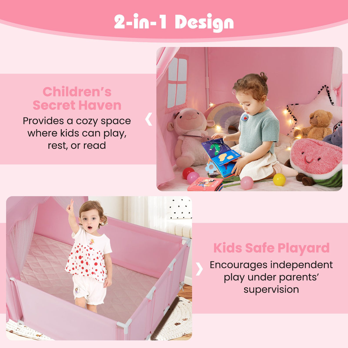 Kids Play Tent with Playpen 2-in-1 Toddler Playhouse with Yard-Pink view 7