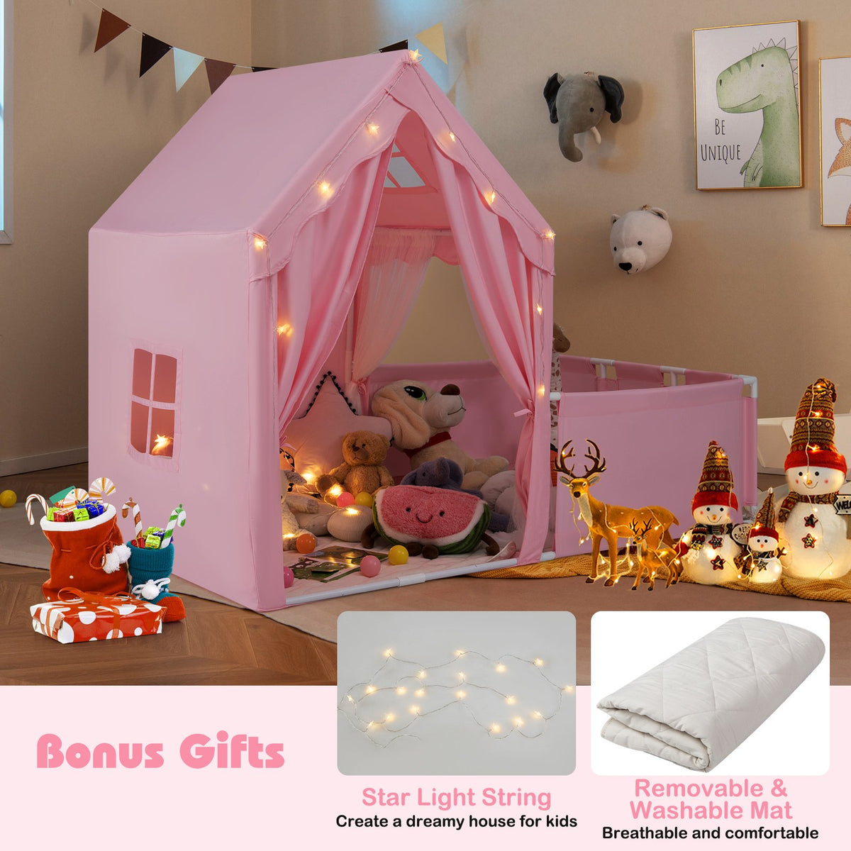 Kids Play Tent with Playpen 2-in-1 Toddler Playhouse with Yard-Pink view 8