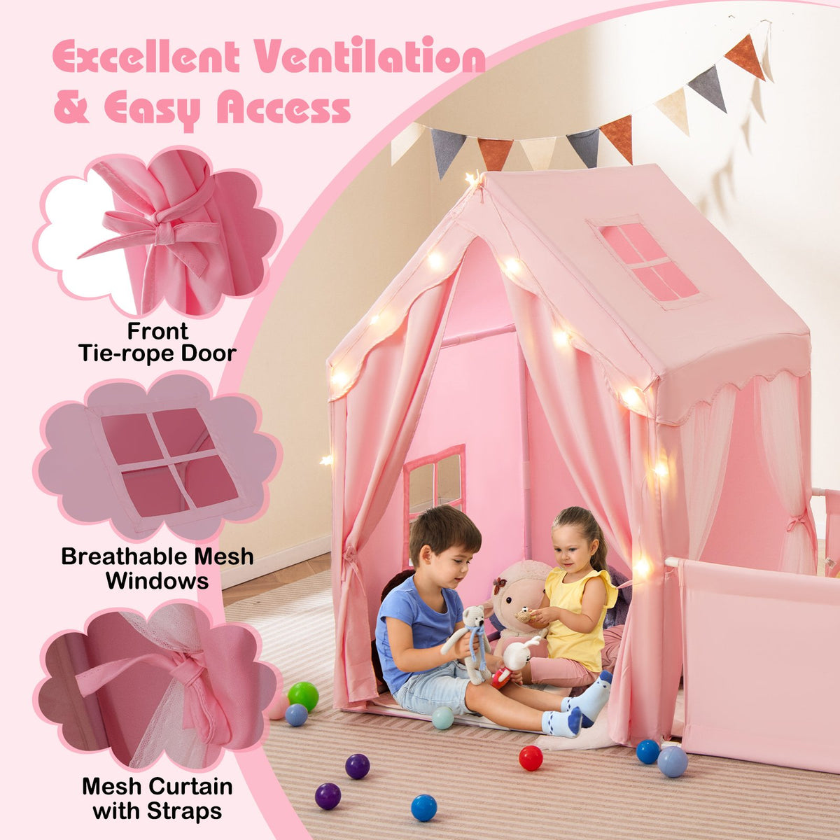Kids Play Tent with Playpen 2-in-1 Toddler Playhouse with Yard-Pink view 9