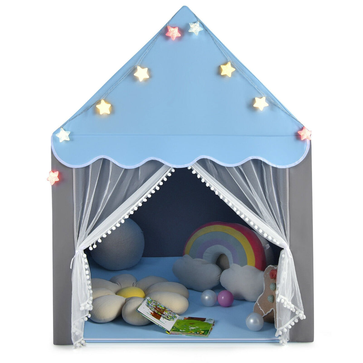 Kids Playhouse Tent with Star Lights and Mat-Blue view 8
