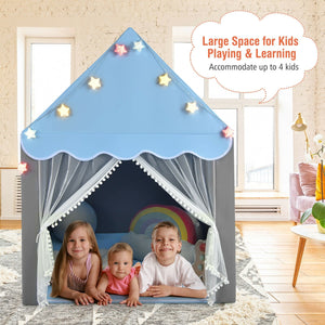 Kids Playhouse Tent with Star Lights and Mat-Blue view 9