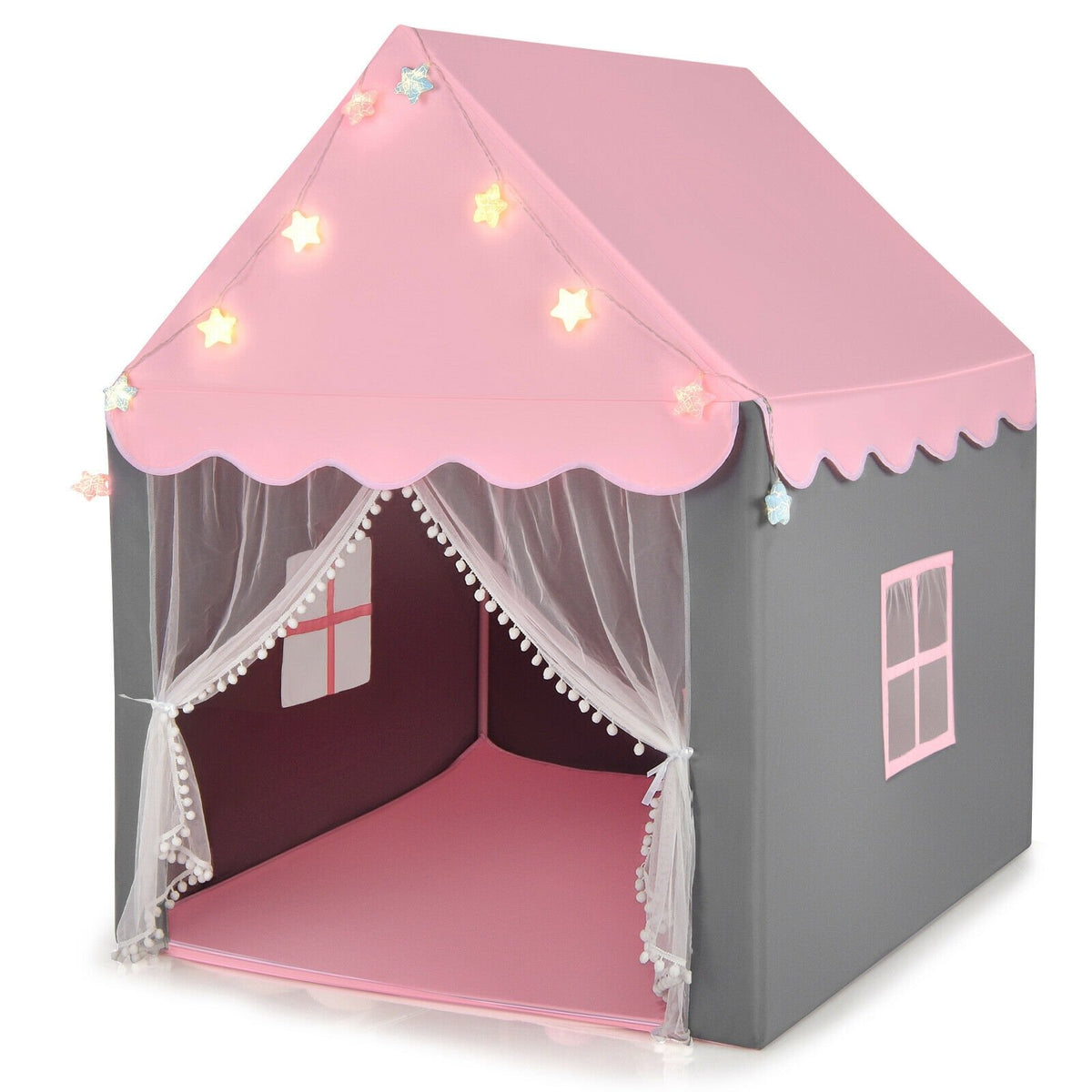 Kids Playhouse Tent with Star Lights and Mat-Pink view 3