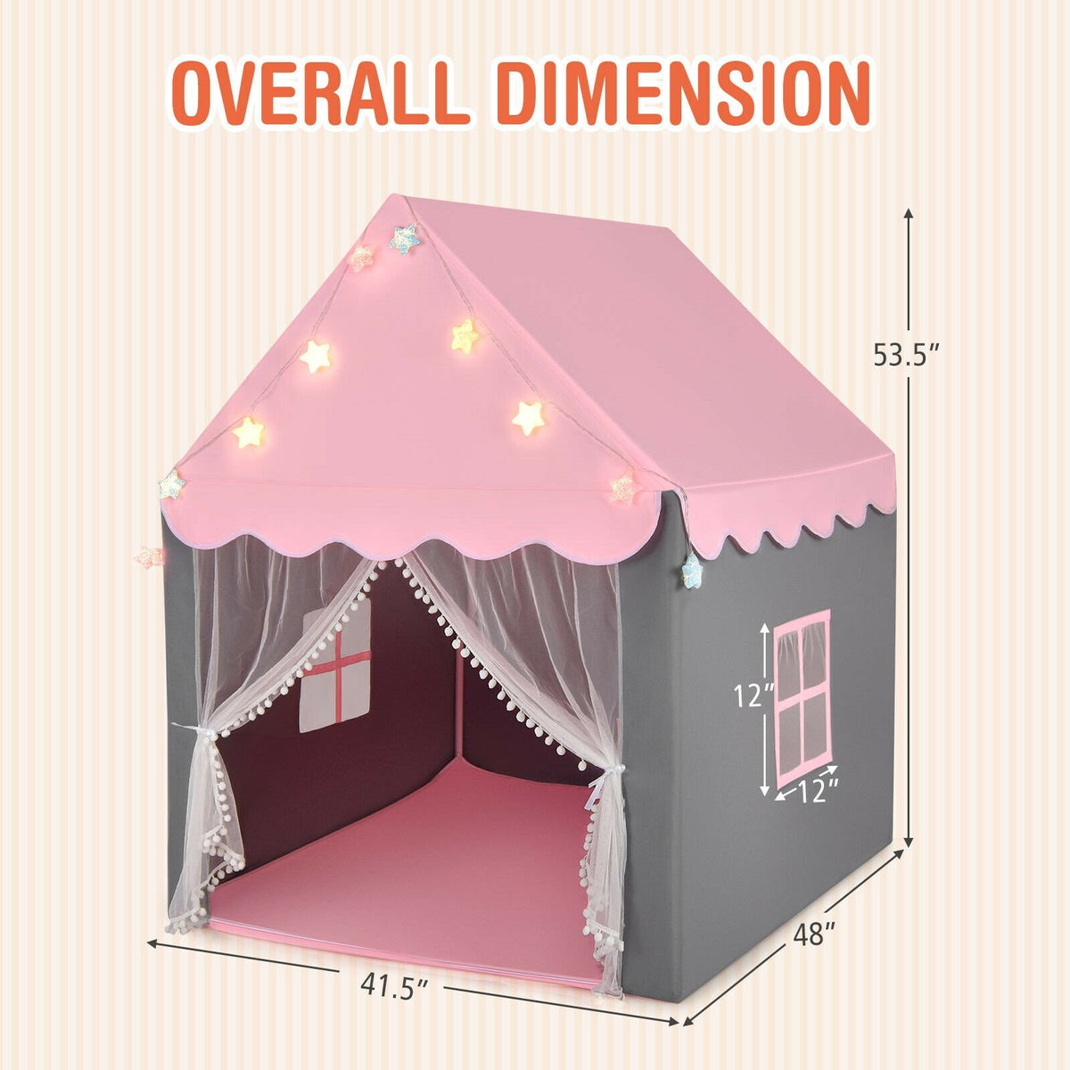 Kids Playhouse Tent with Star Lights and Mat-Pink view 4