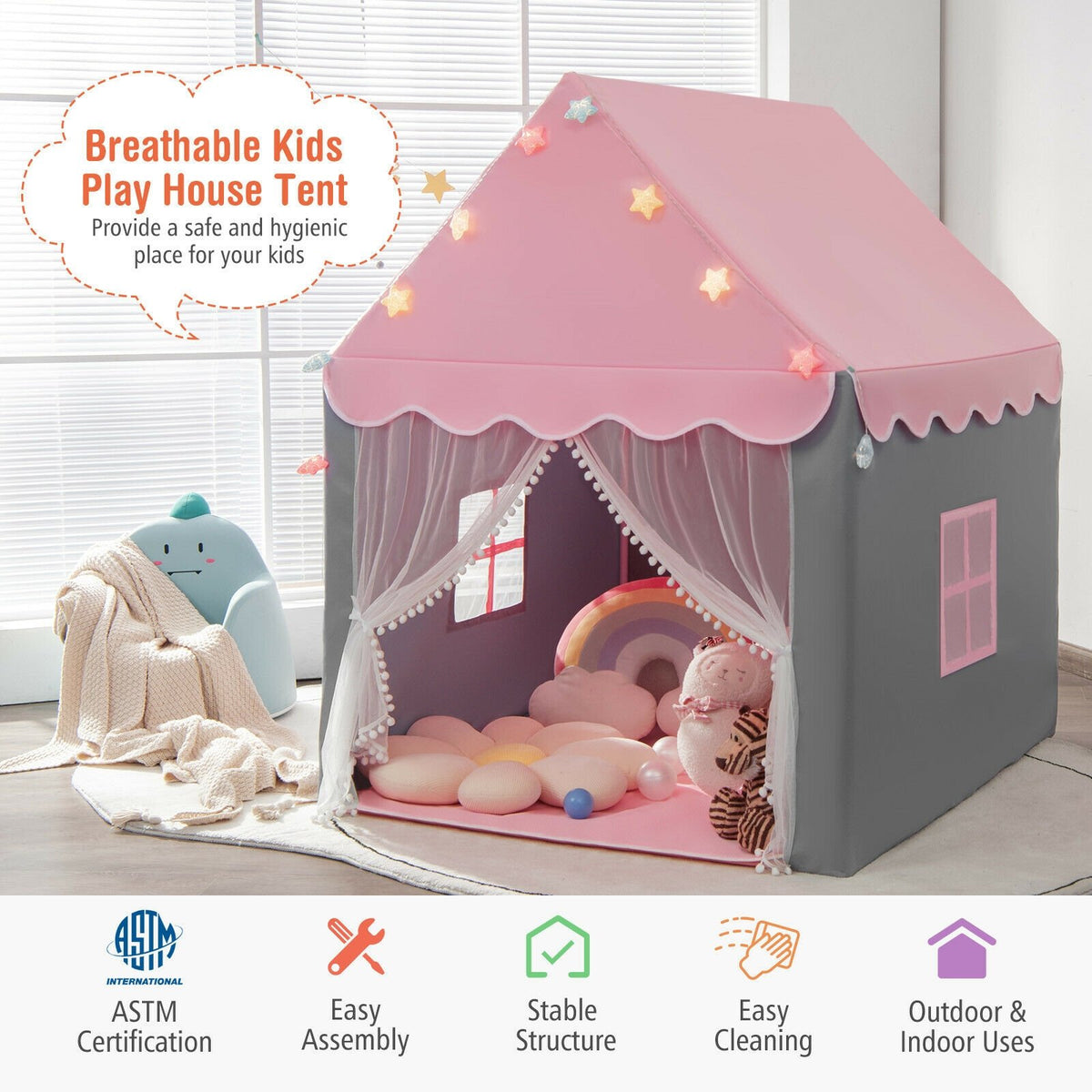 Kids Playhouse Tent with Star Lights and Mat-Pink view 6