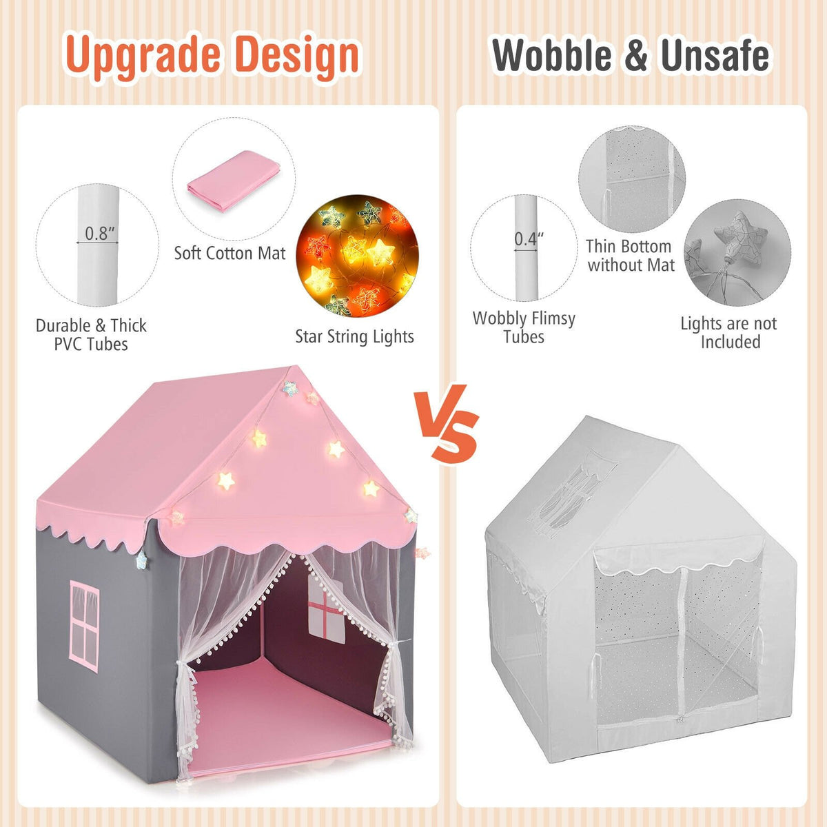 Kids Playhouse Tent with Star Lights and Mat-Pink view 7