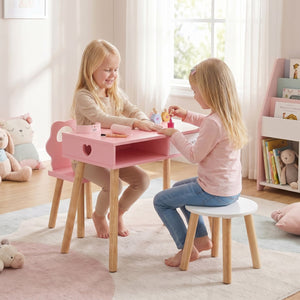 Kids Pretend Nail Salon Playset with Chair and Stool Wooden Toddlers Makeup and Manicure Kit with Eye Shadow-Pink view 2