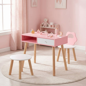 Kids Pretend Nail Salon Playset with Chair and Stool Wooden Toddlers Makeup and Manicure Kit with Eye Shadow-Pink view 3