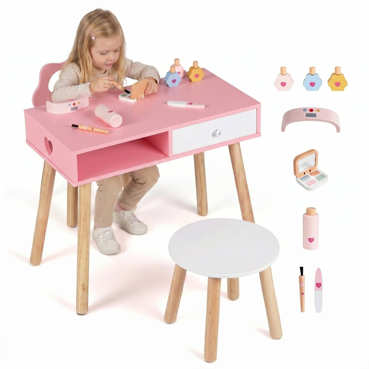 Kids Pretend Nail Salon Playset with Chair and Stool Wooden Toddlers Makeup and Manicure Kit with Eye Shadow-Pink view 4