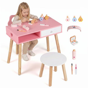 Kids Pretend Nail Salon Playset with Chair and Stool Wooden Toddlers Makeup and Manicure Kit with Eye Shadow-Pink view 4