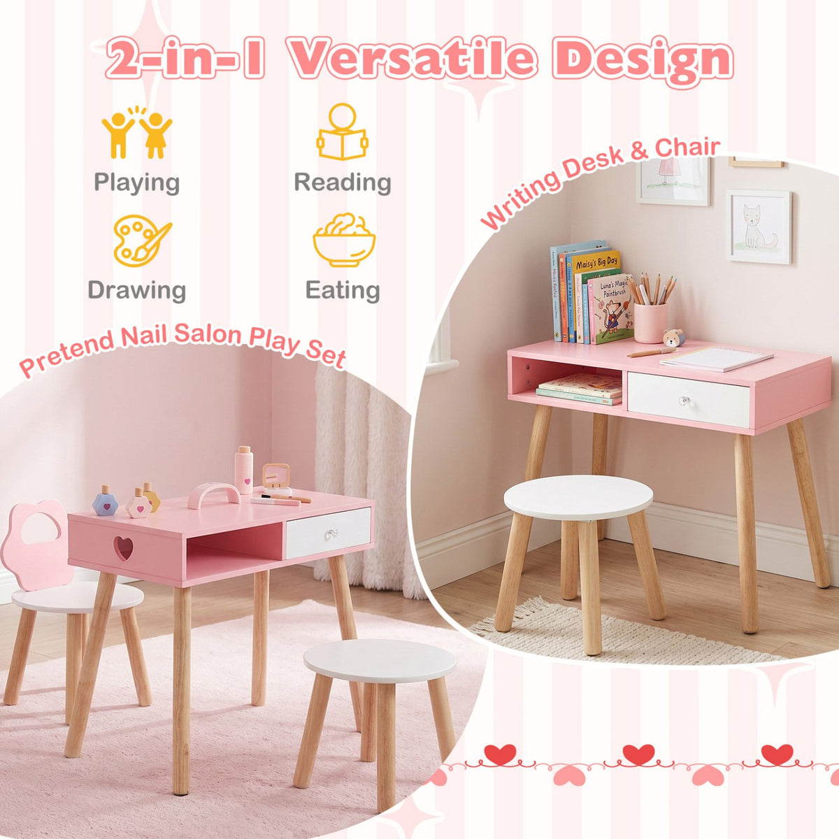 Kids Pretend Nail Salon Playset with Chair and Stool Wooden Toddlers Makeup and Manicure Kit with Eye Shadow-Pink view 7