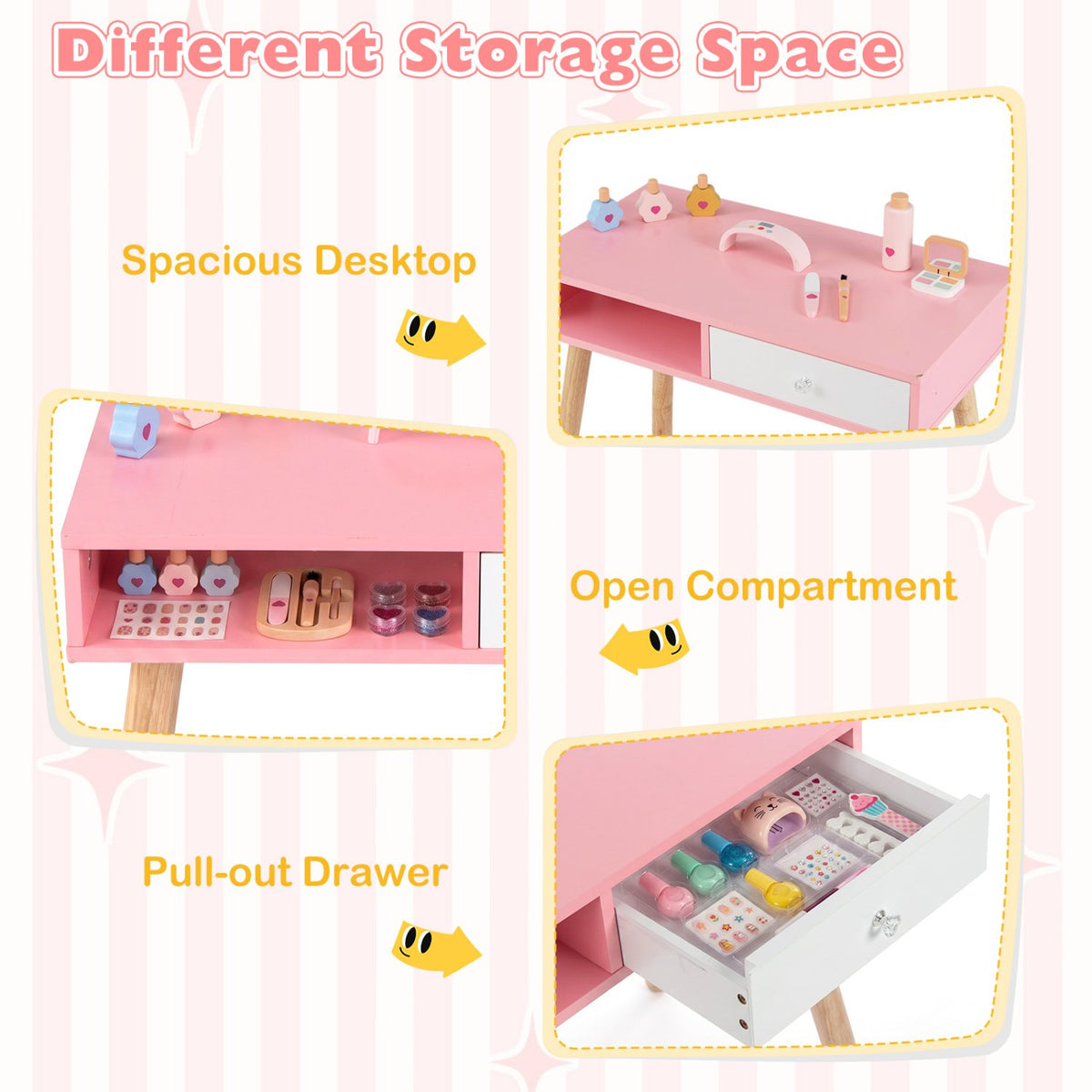 Kids Pretend Nail Salon Playset with Chair and Stool Wooden Toddlers Makeup and Manicure Kit with Eye Shadow-Pink view 8