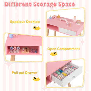 Kids Pretend Nail Salon Playset with Chair and Stool Wooden Toddlers Makeup and Manicure Kit with Eye Shadow-Pink view 8