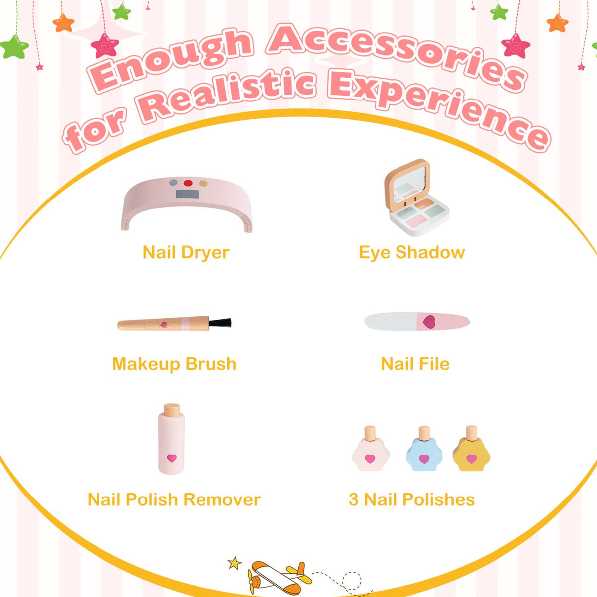 Kids Pretend Nail Salon Playset with Chair and Stool Wooden Toddlers Makeup and Manicure Kit with Eye Shadow-Pink view 9