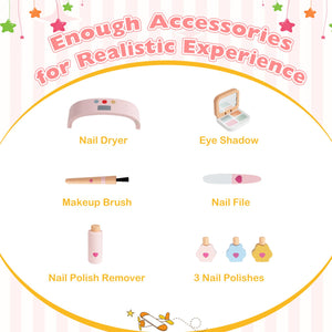 Kids Pretend Nail Salon Playset with Chair and Stool Wooden Toddlers Makeup and Manicure Kit with Eye Shadow-Pink view 9