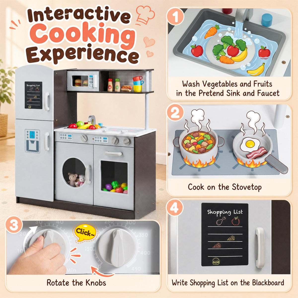 Kids Pretend Play Kitchen Cooking Set with Simulated Sound view 9