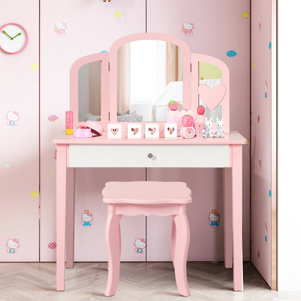Kids Princess Make Up Dressing Table with Tri-folding Mirror and Chair-Pink view 2