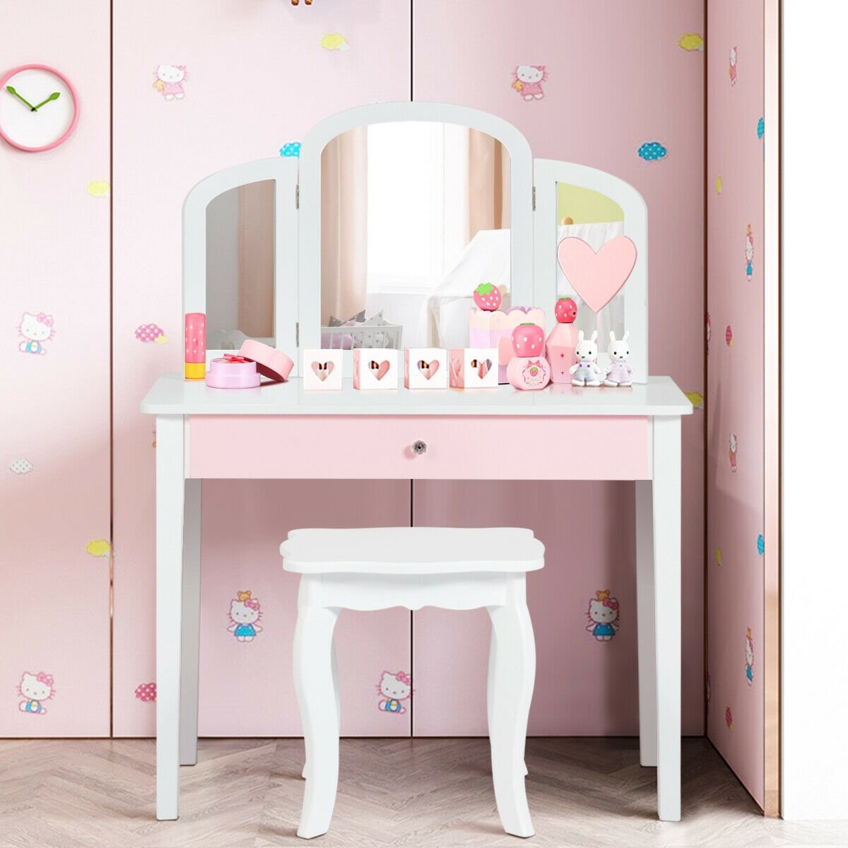 Kids Princess Make Up Dressing Table with Tri-folding Mirror and Chair-White view 2
