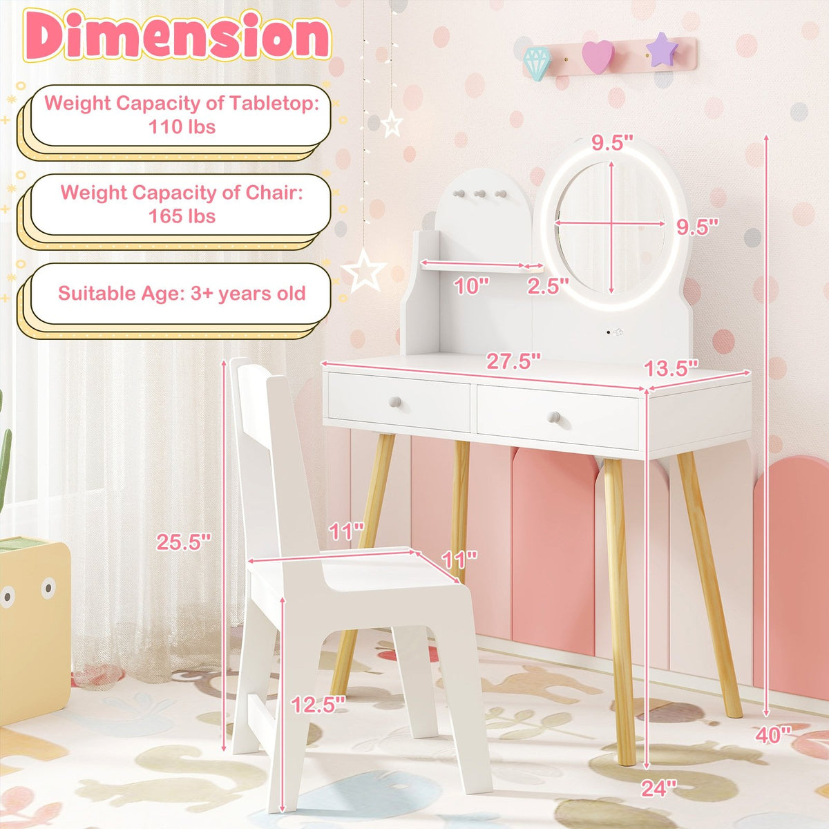 Kids Princess Makeup Dressing Desk and Chair Set with Mirror and Lights-White view 5