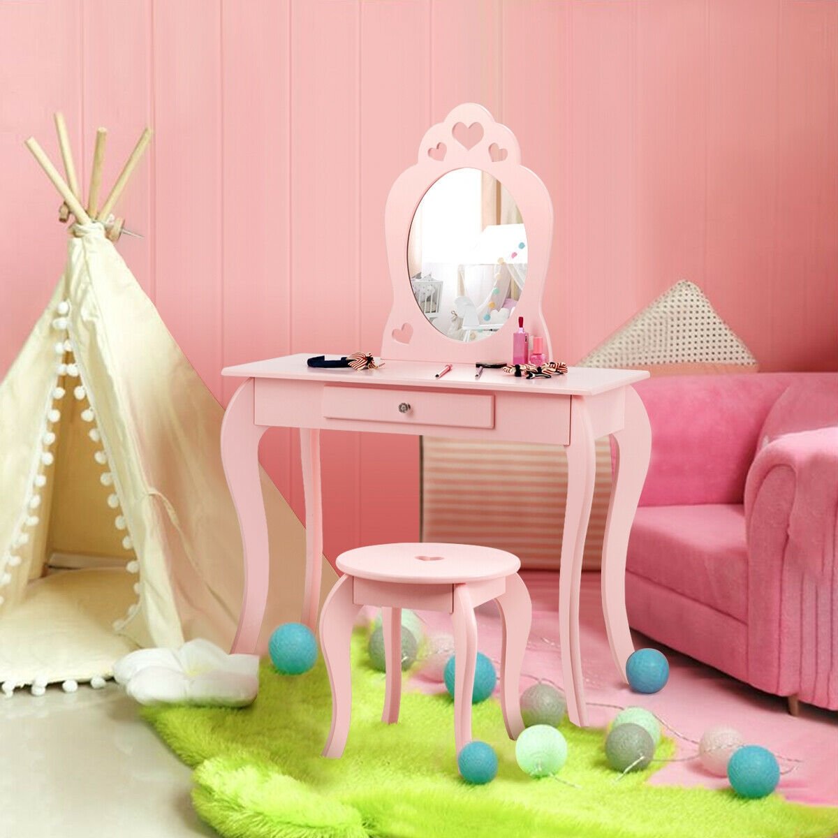 Kids Princess Makeup Dressing Play Table Set with Mirror -Pink view 2