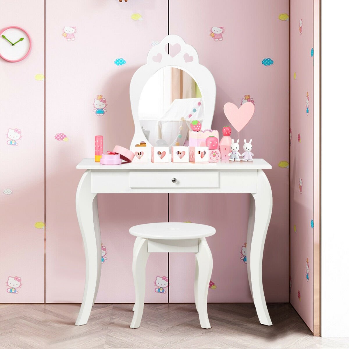 Kids Princess Makeup Dressing Play Table Set with Mirror -White view 2