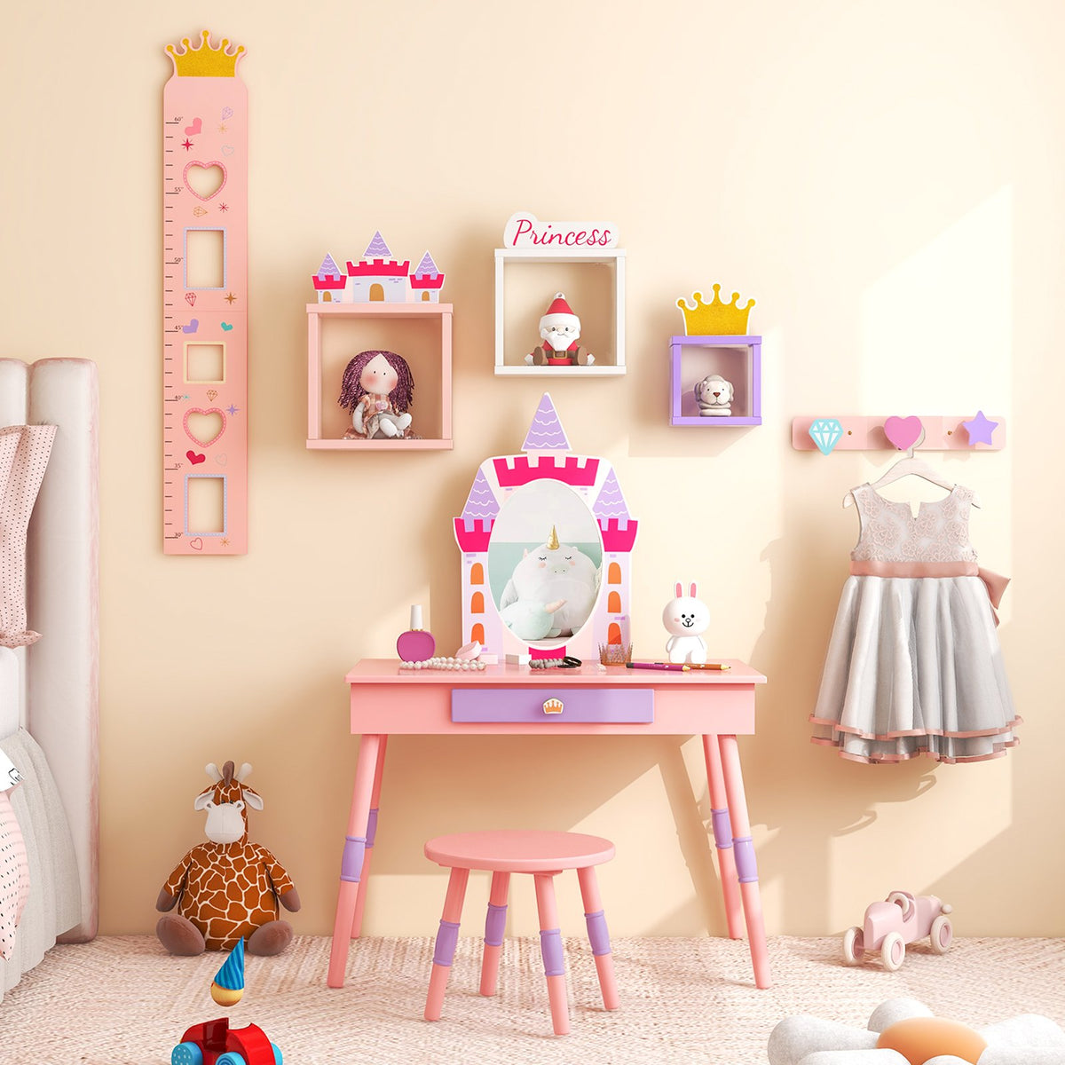 Kids Princess Vanity Table and Stool Set with Drawer and Mirror-Pink view 2