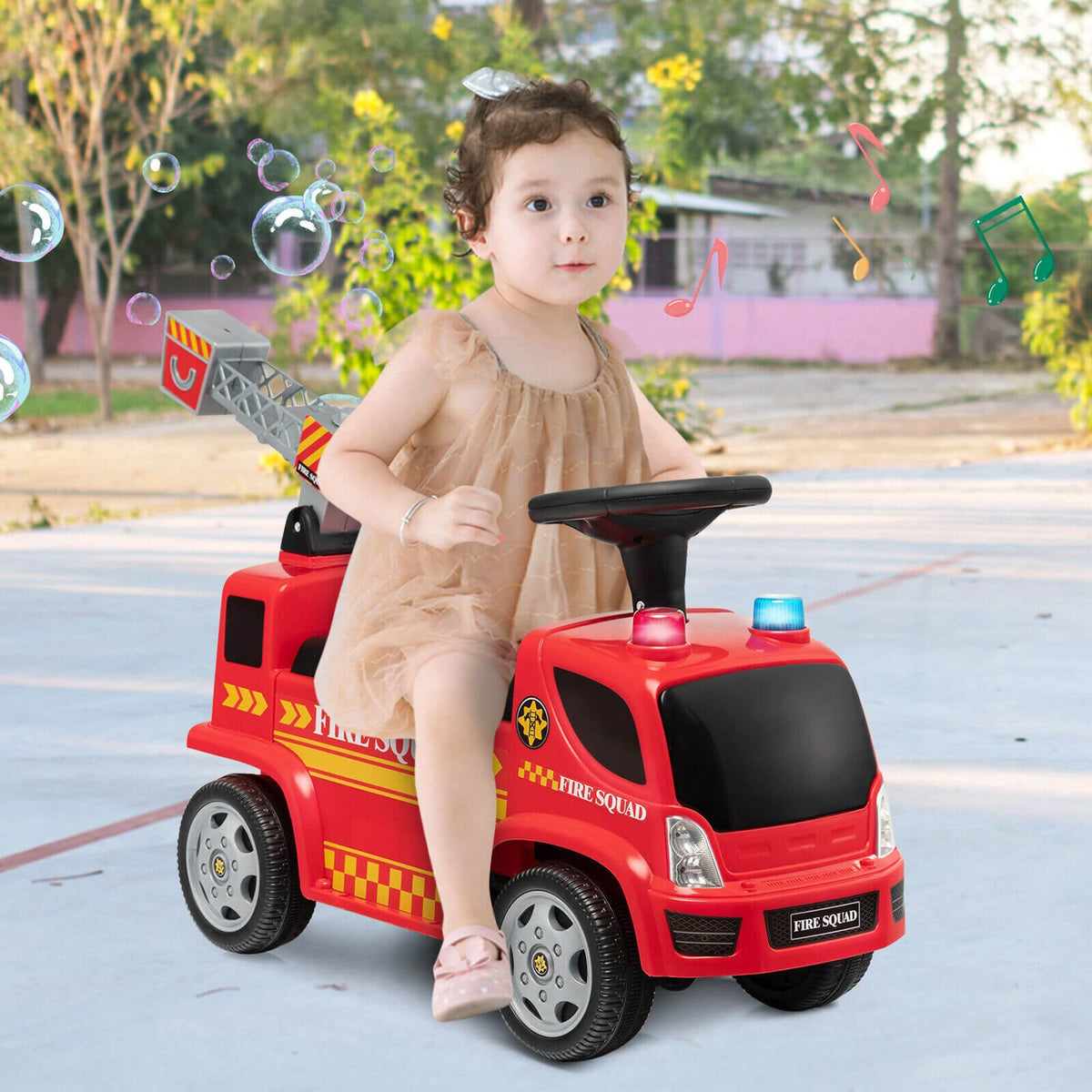 Kids Push Ride On Fire Truck with Ladder Bubble Maker and Headlights-Red view 2