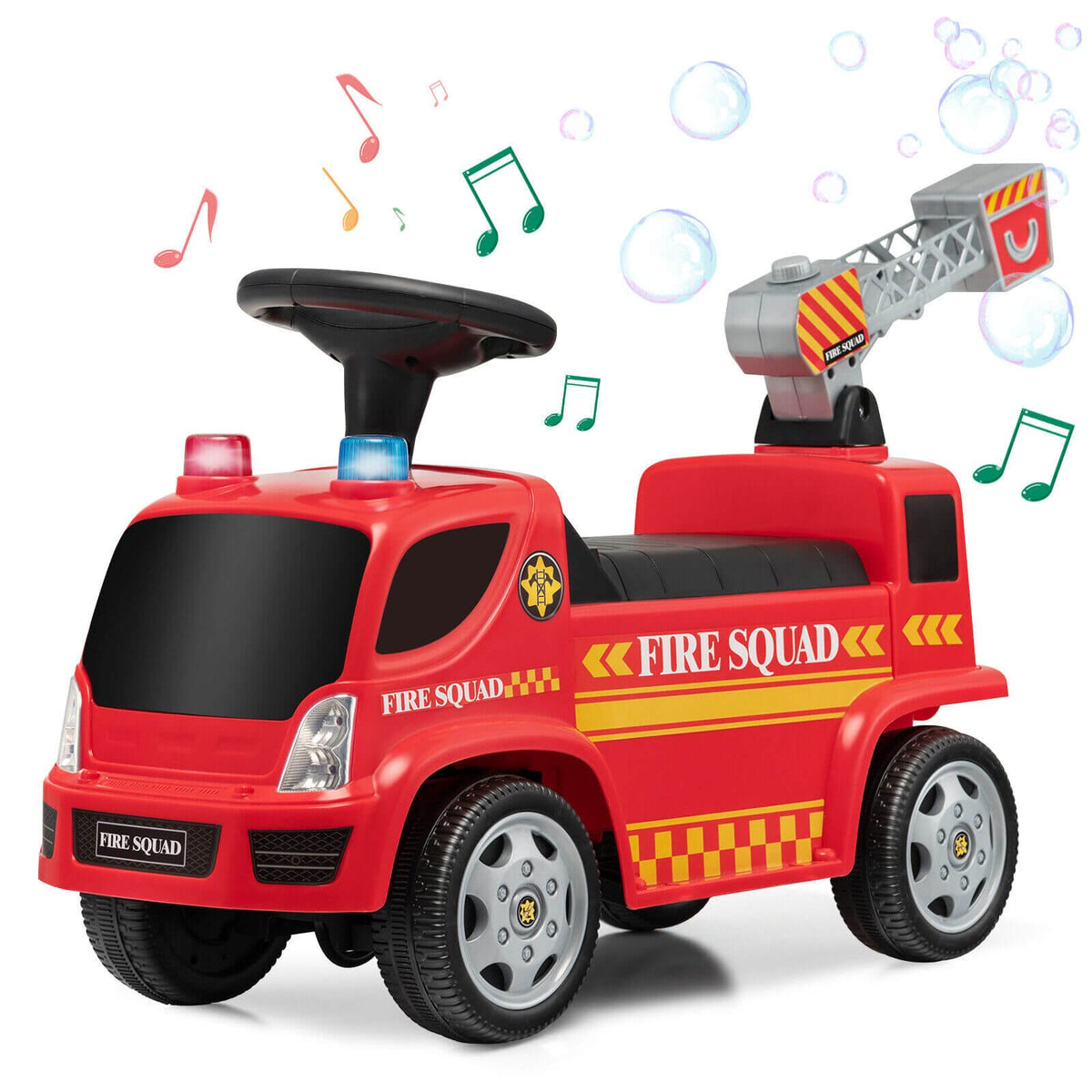 Kids Push Ride On Fire Truck with Ladder Bubble Maker and Headlights-Red view 3