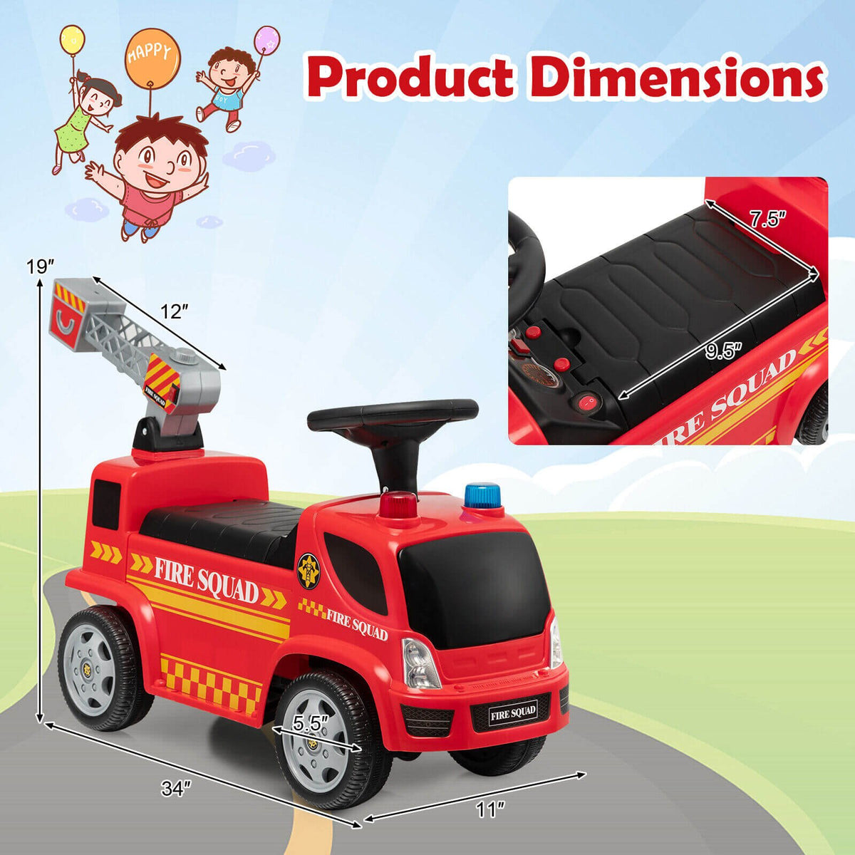 Kids Push Ride On Fire Truck with Ladder Bubble Maker and Headlights-Red view 4