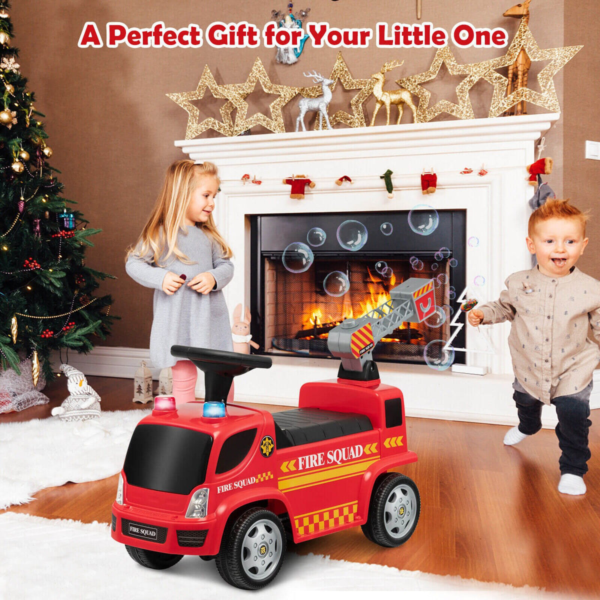 Kids Push Ride On Fire Truck with Ladder Bubble Maker and Headlights-Red view 5