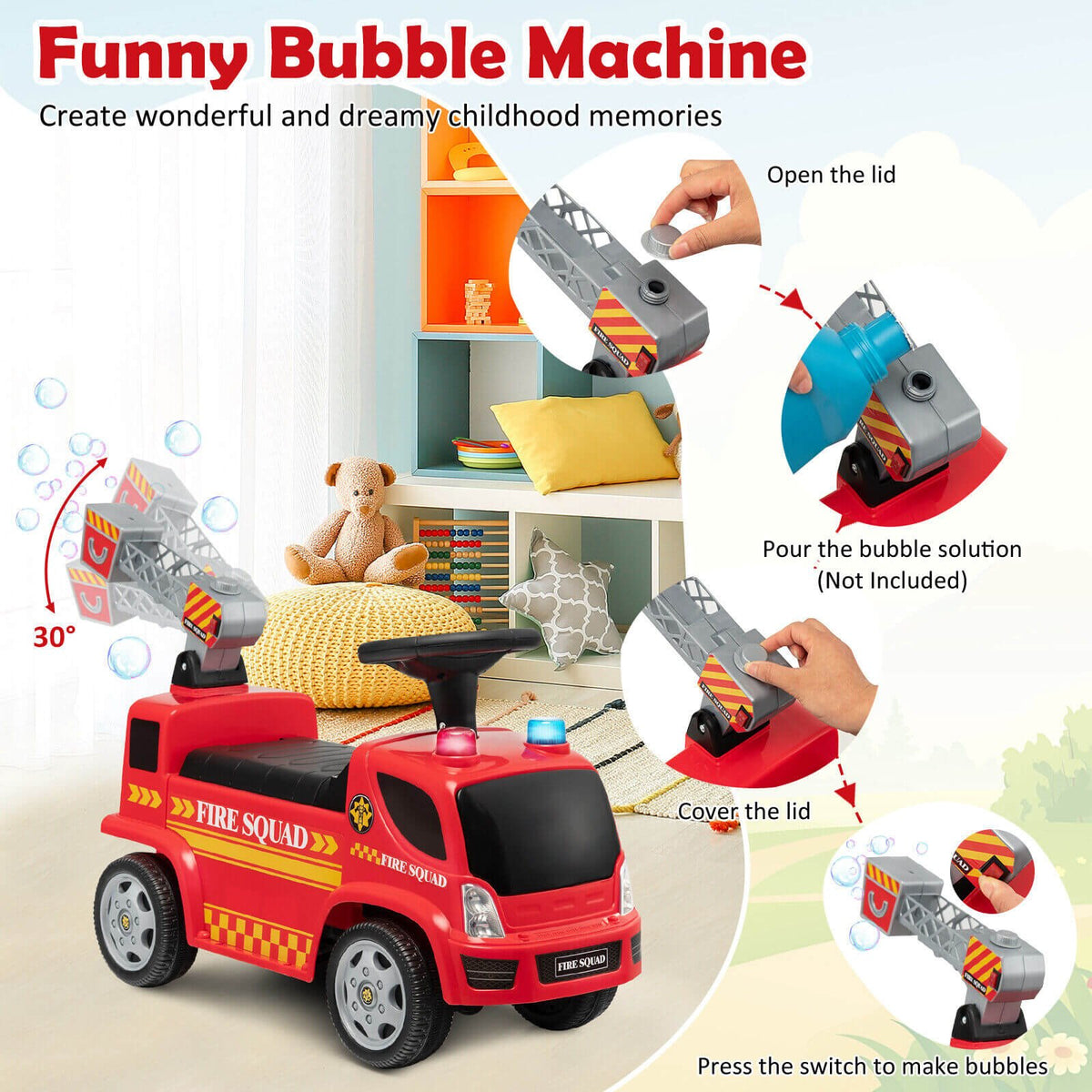 Kids Push Ride On Fire Truck with Ladder Bubble Maker and Headlights-Red view 7