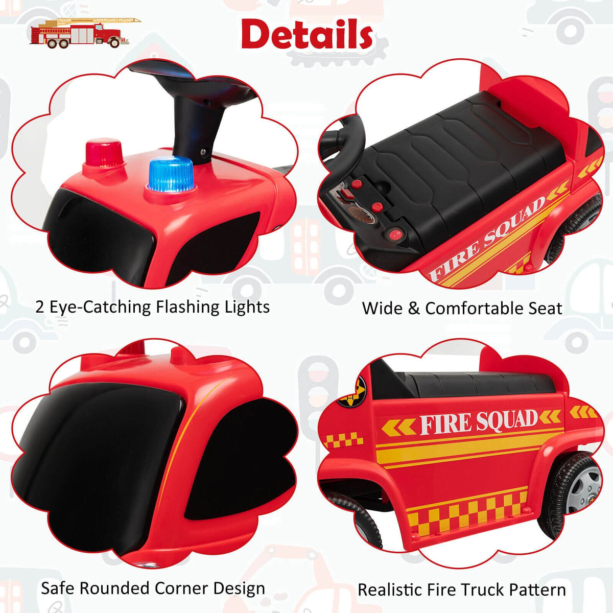 Kids Push Ride On Fire Truck with Ladder Bubble Maker and Headlights-Red view 8