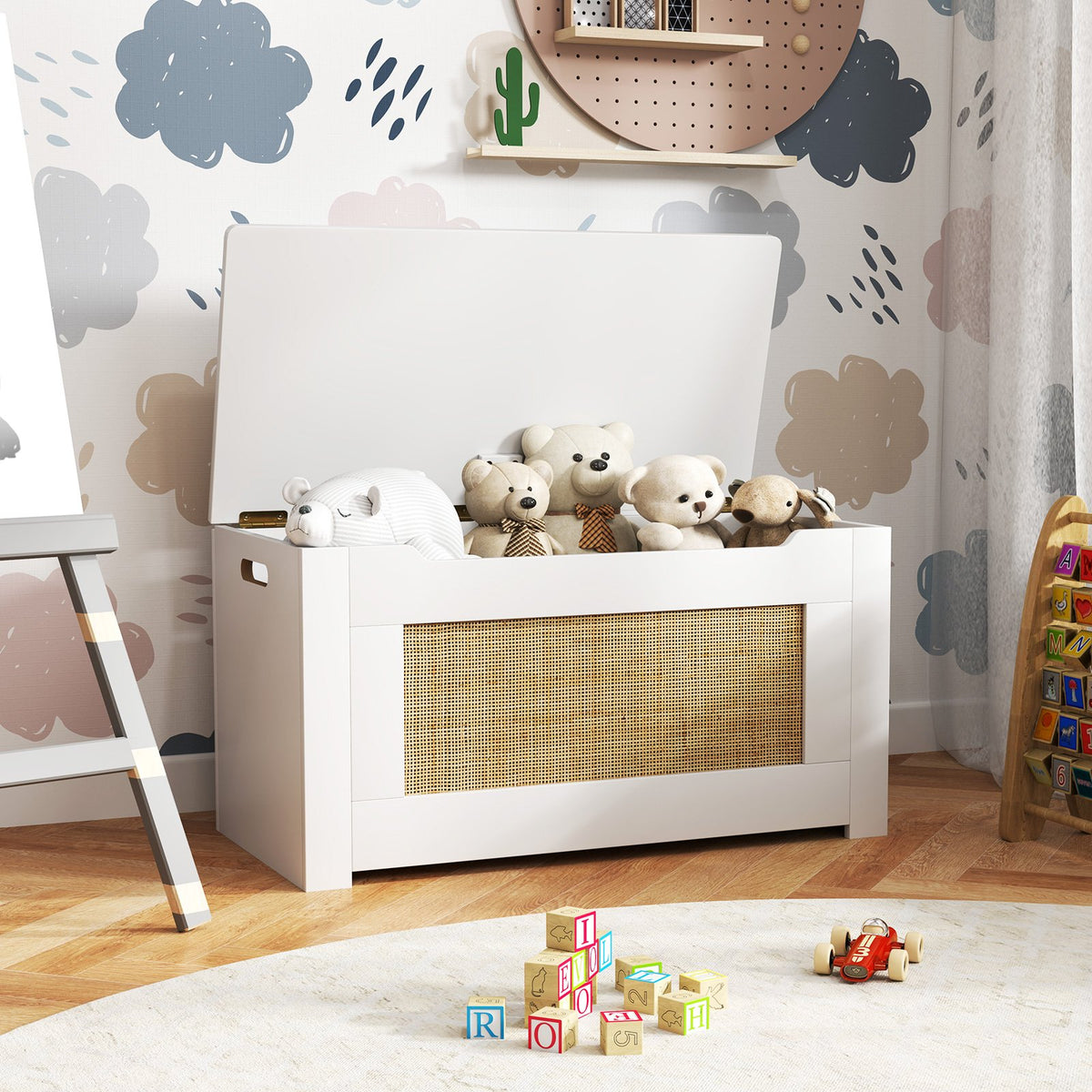 Kids Rattan Toy Storage Box with Flip Top Lid and Safety Hinge Handles-White view 2