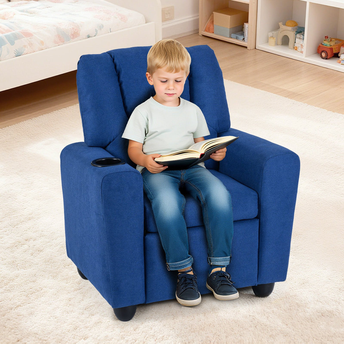 Kids Recliner Chair Push Back Toddler Reclining Armchair with Cup Holder-Blue view 2