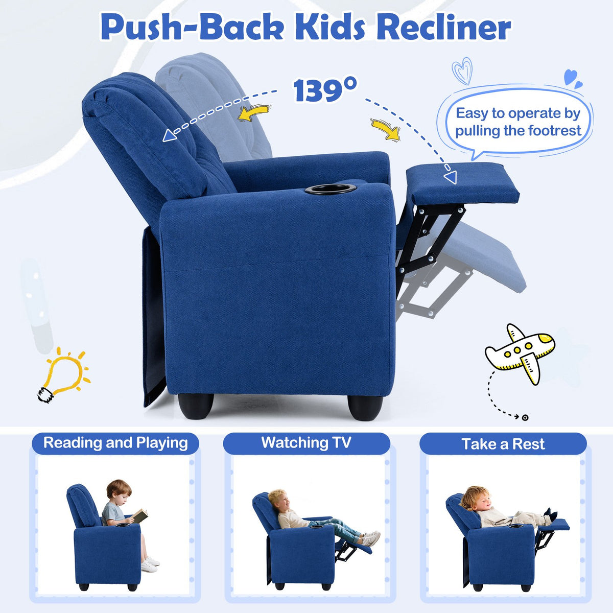 Kids Recliner Chair Push Back Toddler Reclining Armchair with Cup Holder-Blue view 6
