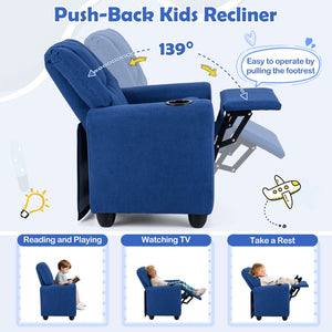 Kids Recliner Chair Push Back Toddler Reclining Armchair with Cup Holder-Blue view 6