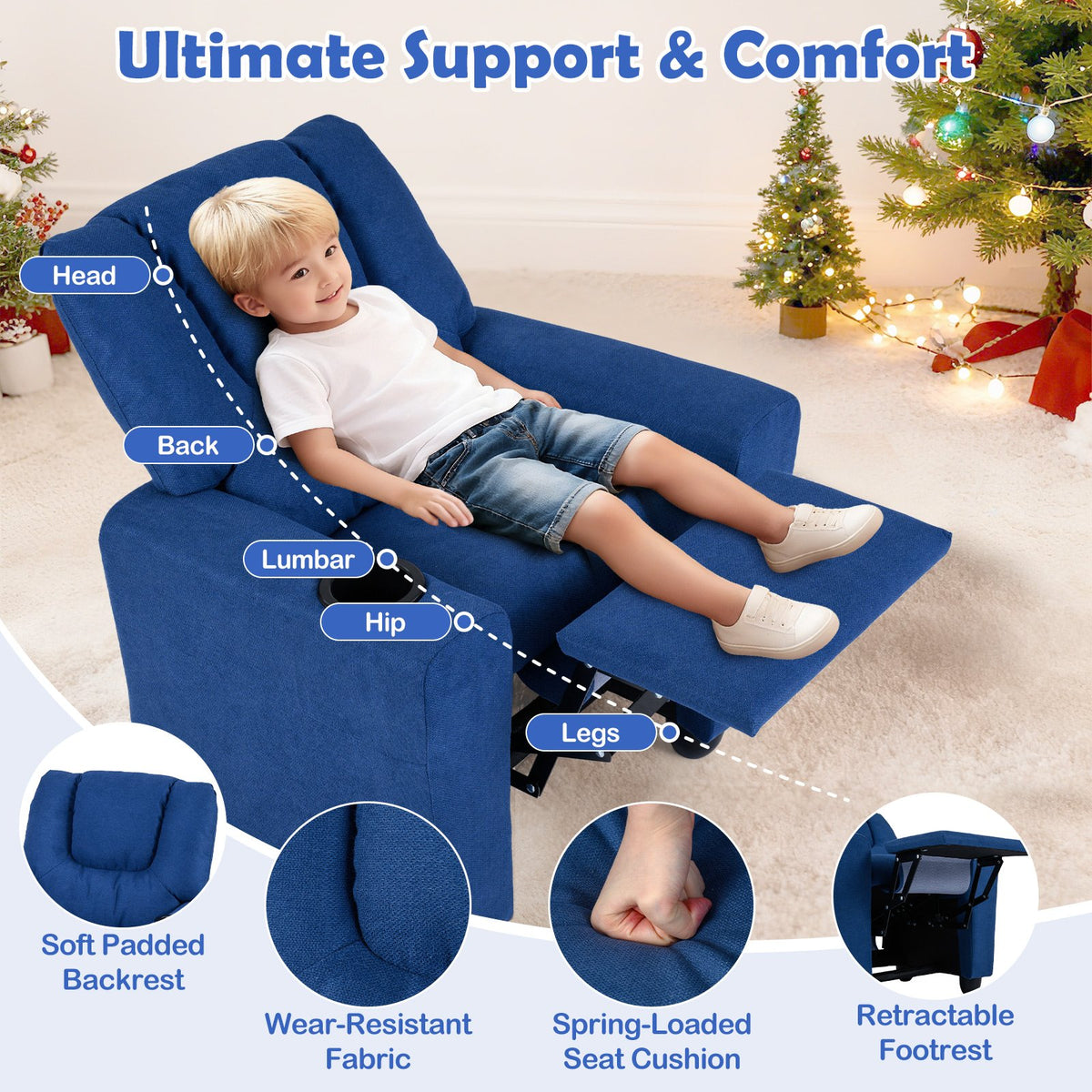 Kids Recliner Chair Push Back Toddler Reclining Armchair with Cup Holder-Blue view 7
