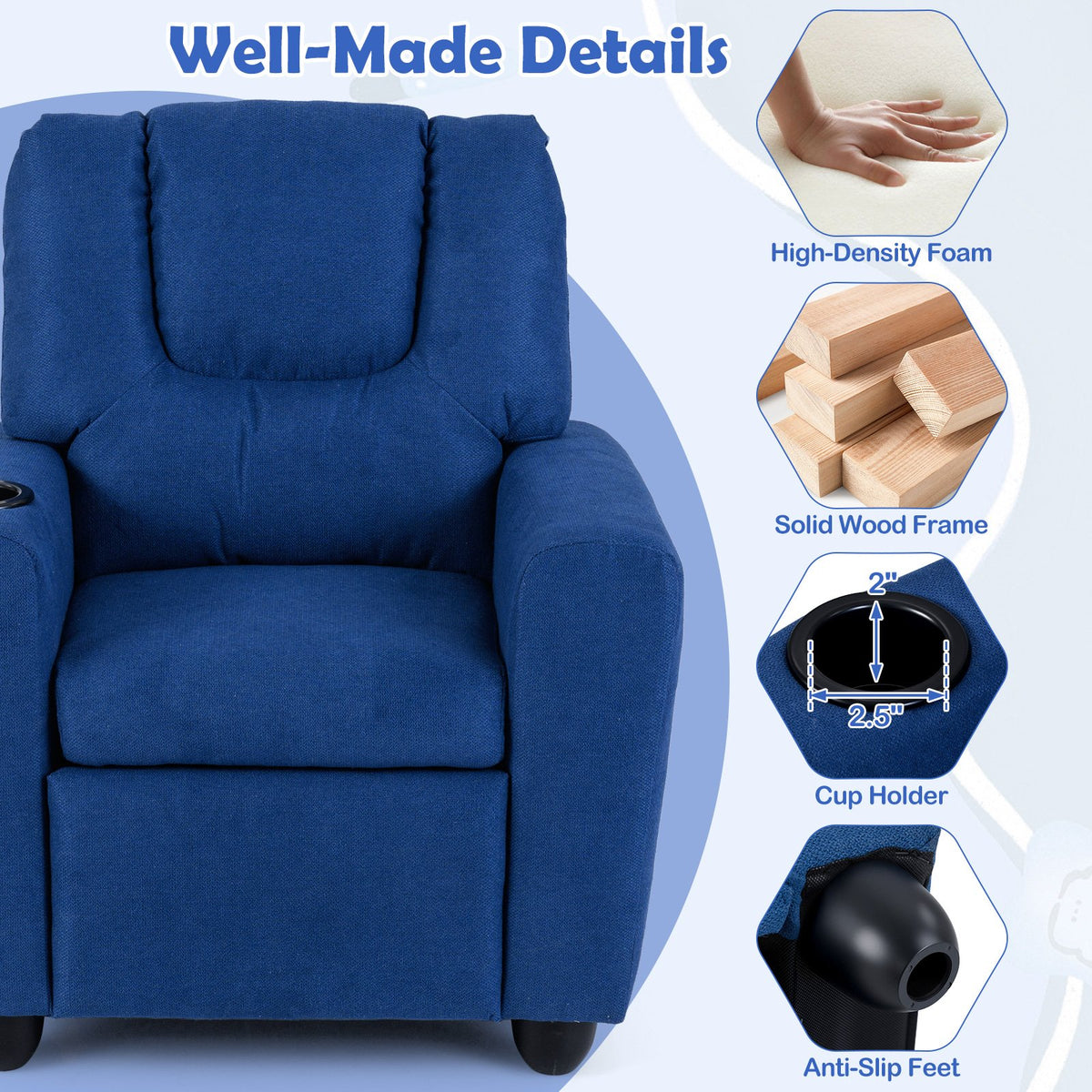 Kids Recliner Chair Push Back Toddler Reclining Armchair with Cup Holder-Blue view 8