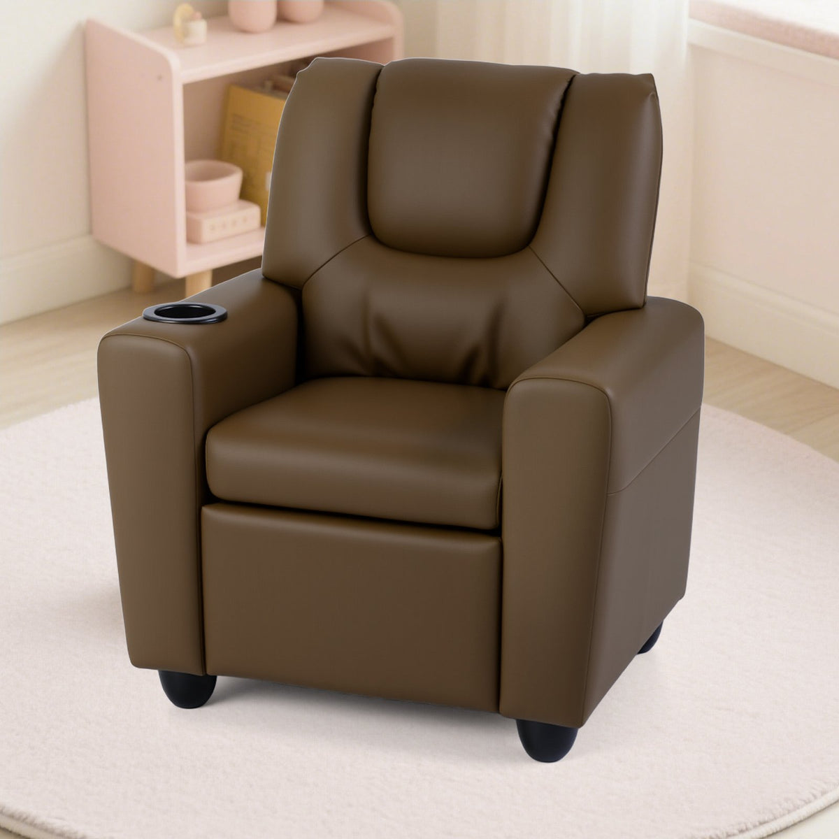 Kids Recliner Chair Push Back Toddler Reclining Armchair with Cup Holder-Brown view 2