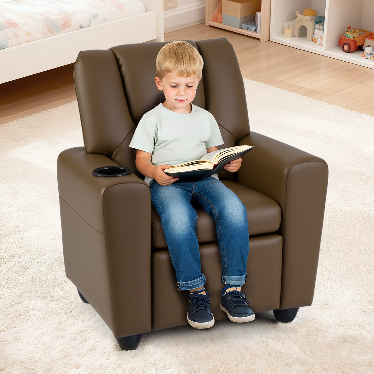 Kids Recliner Chair Push Back Toddler Reclining Armchair with Cup Holder-Brown view 3