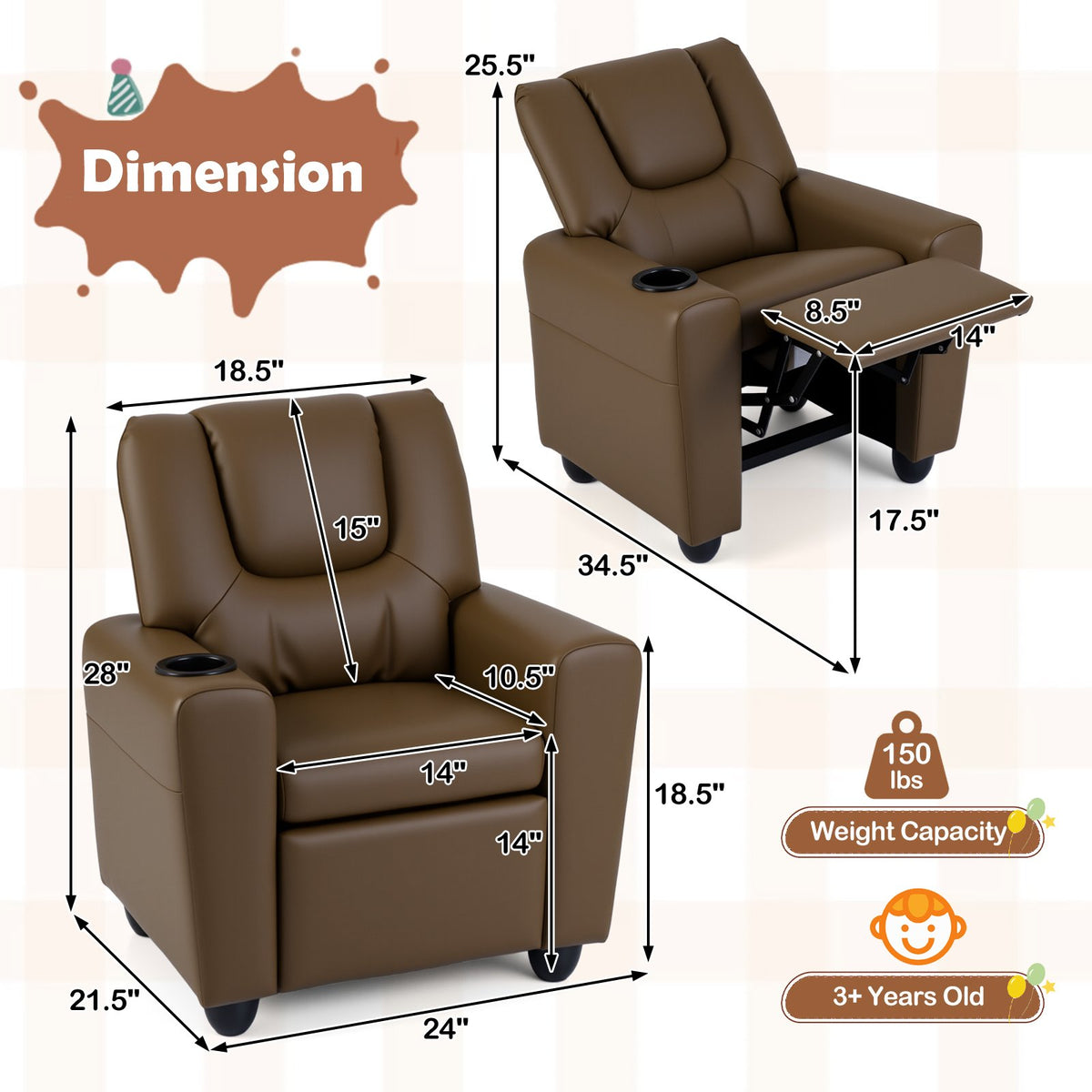 Kids Recliner Chair Push Back Toddler Reclining Armchair with Cup Holder-Brown view 5