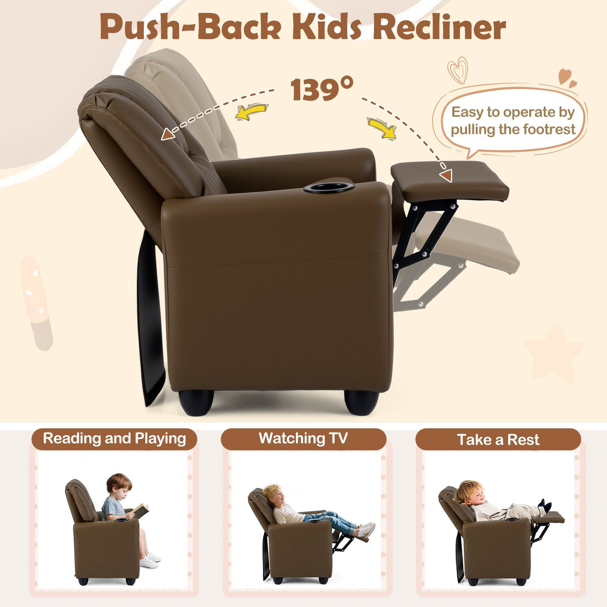 Kids Recliner Chair Push Back Toddler Reclining Armchair with Cup Holder-Brown view 6