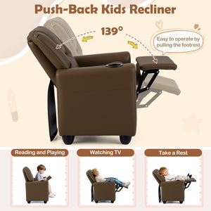 Kids Recliner Chair Push Back Toddler Reclining Armchair with Cup Holder-Brown view 6