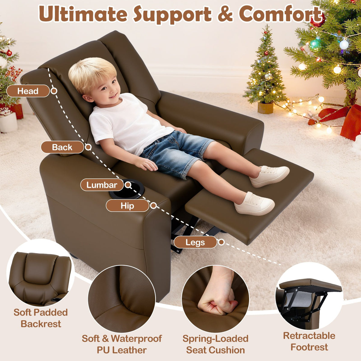 Kids Recliner Chair Push Back Toddler Reclining Armchair with Cup Holder-Brown view 7