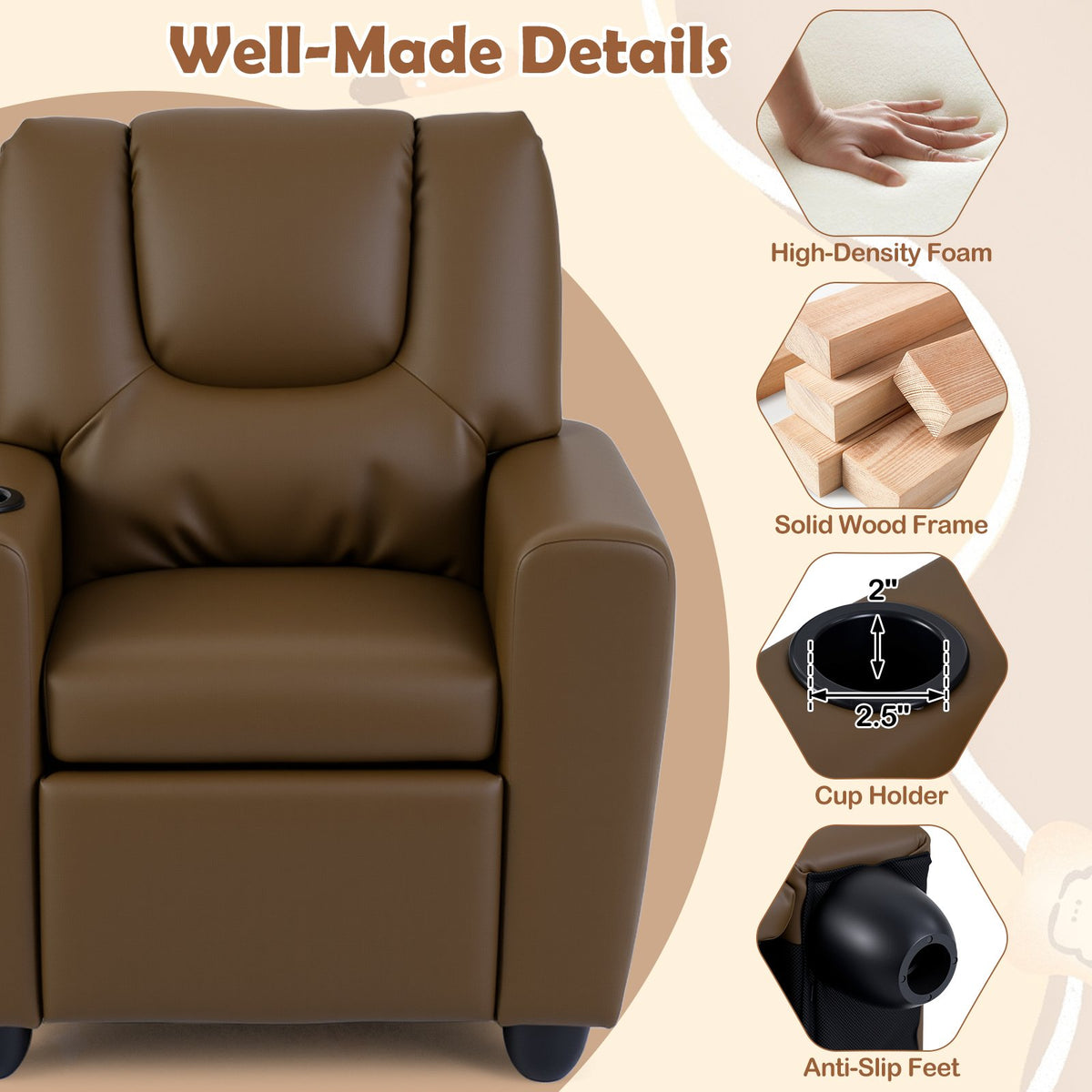 Kids Recliner Chair Push Back Toddler Reclining Armchair with Cup Holder-Brown view 8