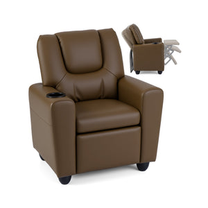 Kids Recliner Chair Push Back Toddler Reclining Armchair with Cup Holder-Brown view 9