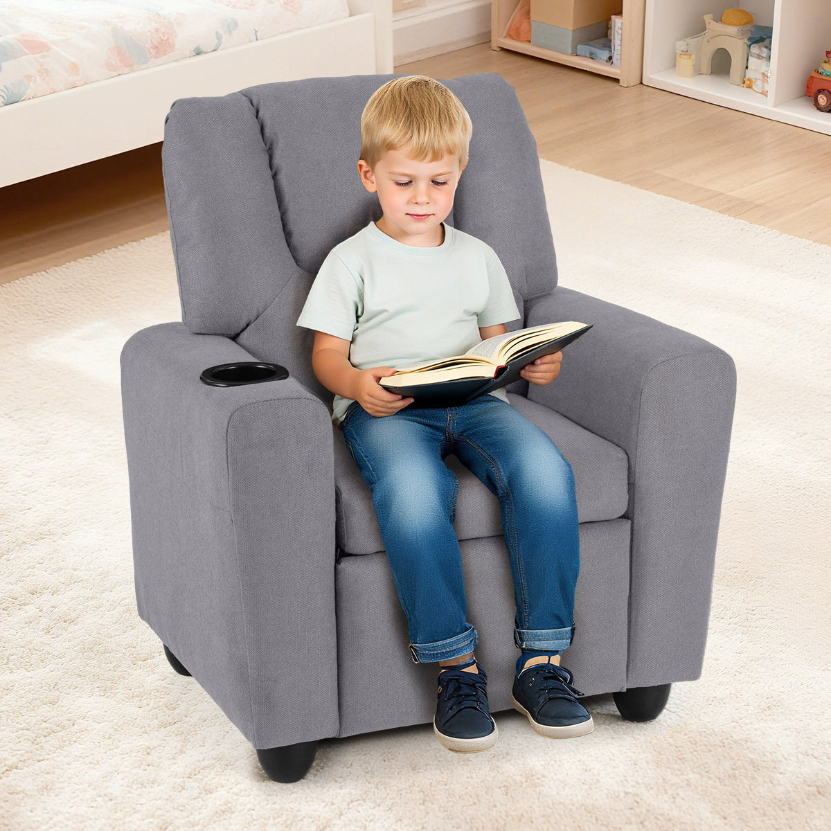 Kids Recliner Chair Push Back Toddler Reclining Armchair with Cup Holder-Grey view 3