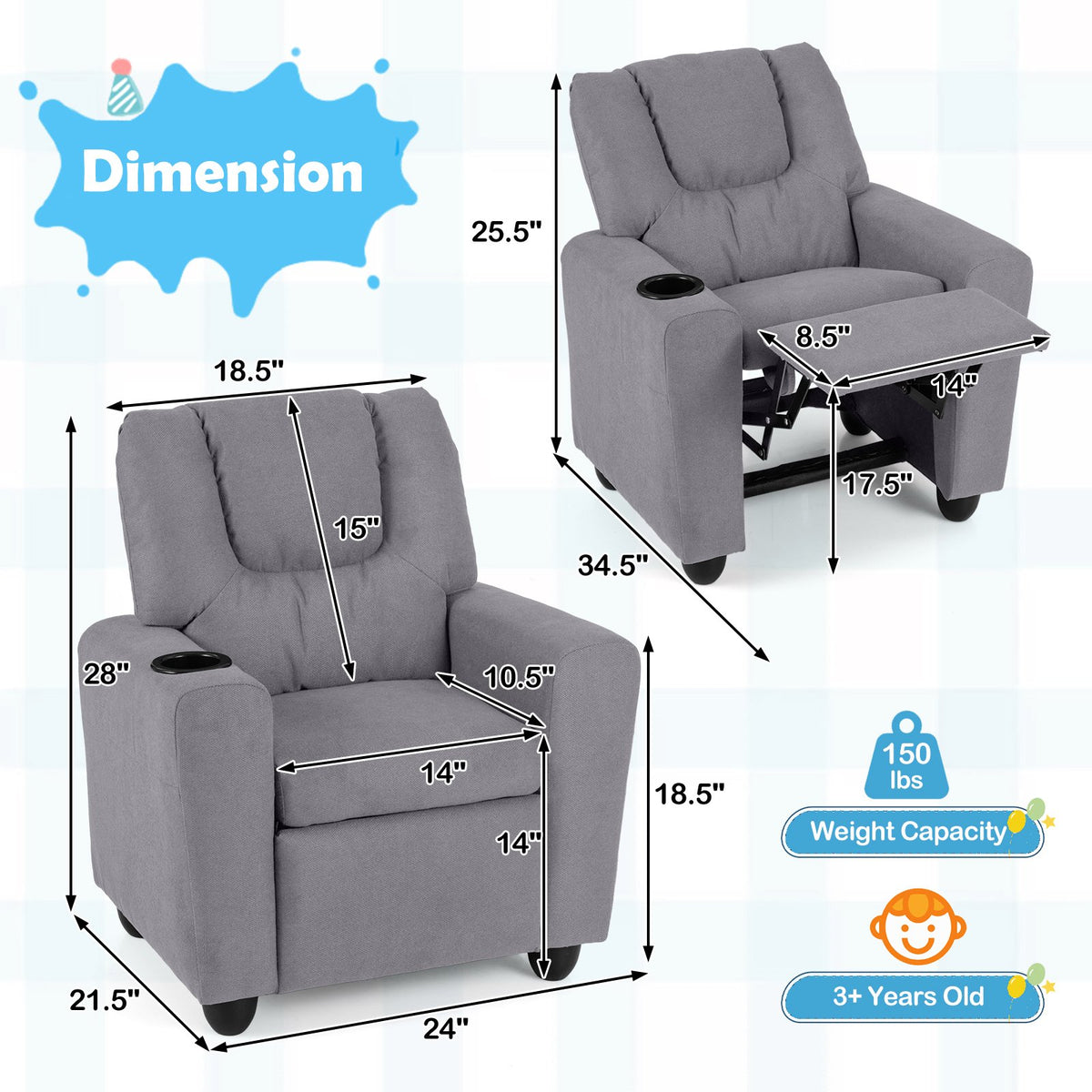 Kids Recliner Chair Push Back Toddler Reclining Armchair with Cup Holder-Grey view 5