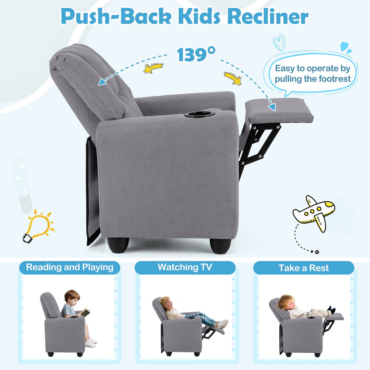 Kids Recliner Chair Push Back Toddler Reclining Armchair with Cup Holder-Grey view 8